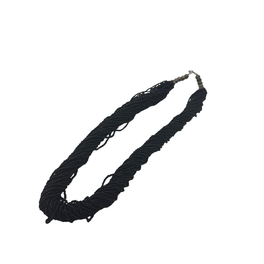 Vintage Black Seed Bead Multi-Strand Necklace With Silver-Tone Accents & Hook Cl